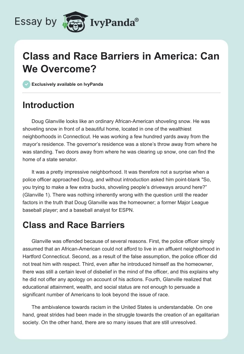 Class and Race Barriers in America: Can We Overcome?. Page 1