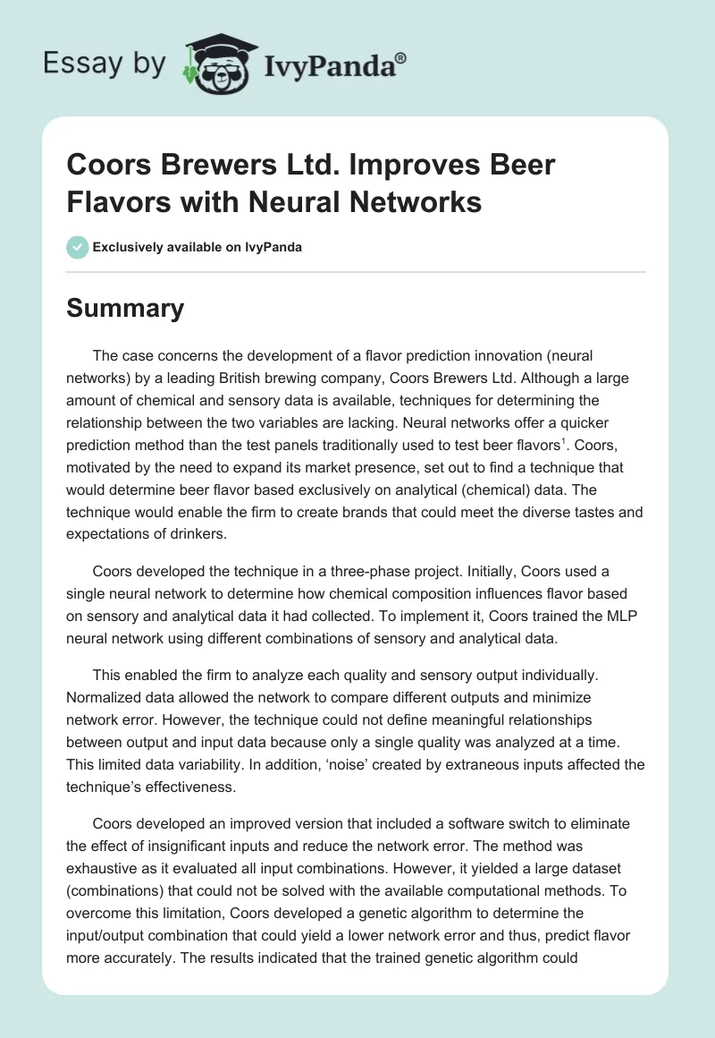 Coors Brewers Ltd. Improves Beer Flavors With Neural Networks. Page 1