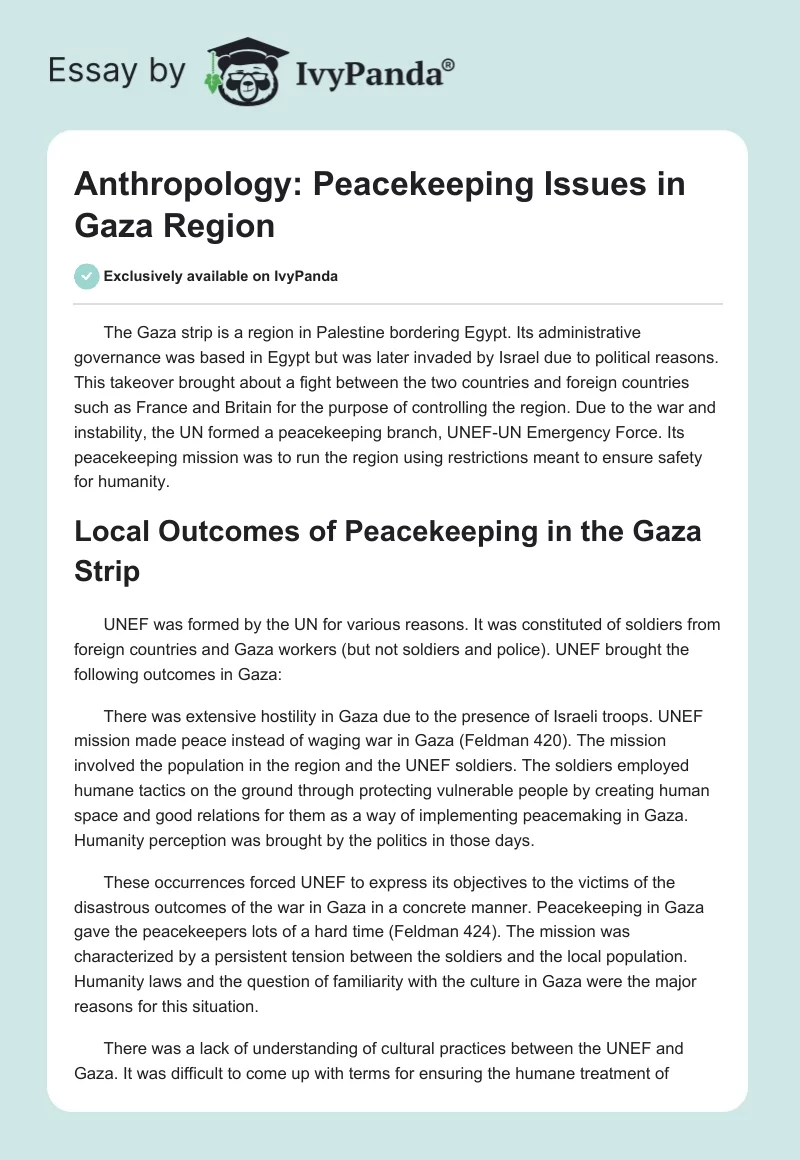 Anthropology: Peacekeeping Issues in Gaza Region. Page 1