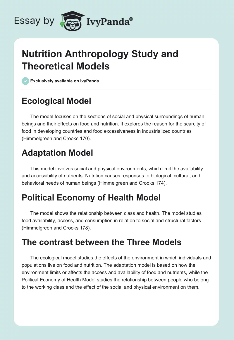 Nutrition Anthropology Study and Theoretical Models. Page 1
