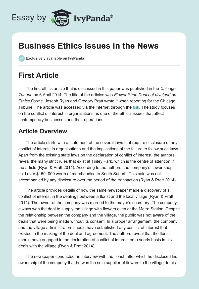 Business Ethics Issues in the News. Page 1