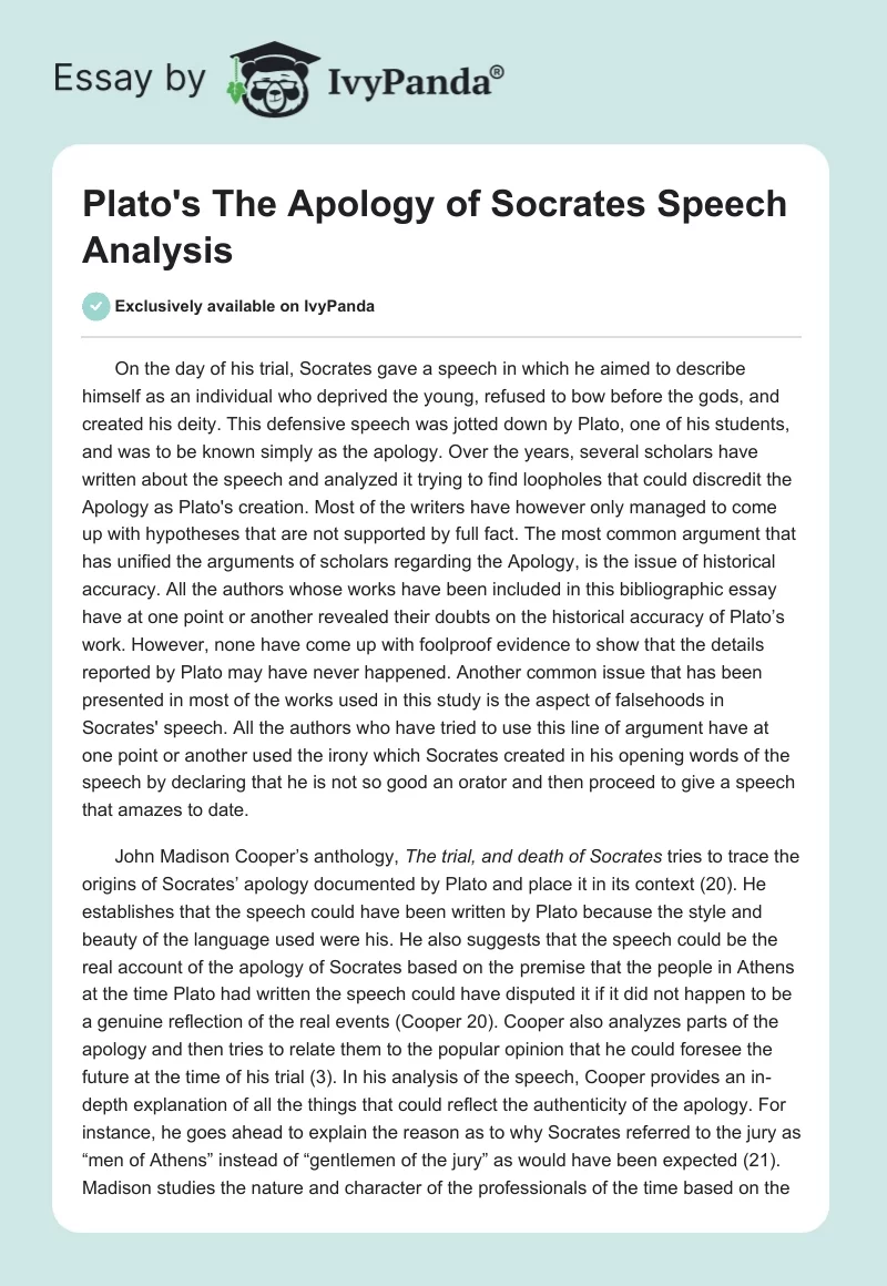 Plato's "The Apology of Socrates" Speech Analysis. Page 1