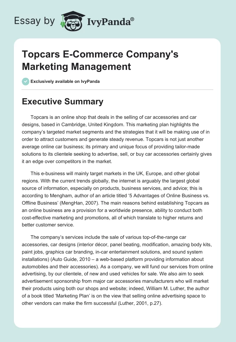 Topcars E-Commerce Company's Marketing Management. Page 1