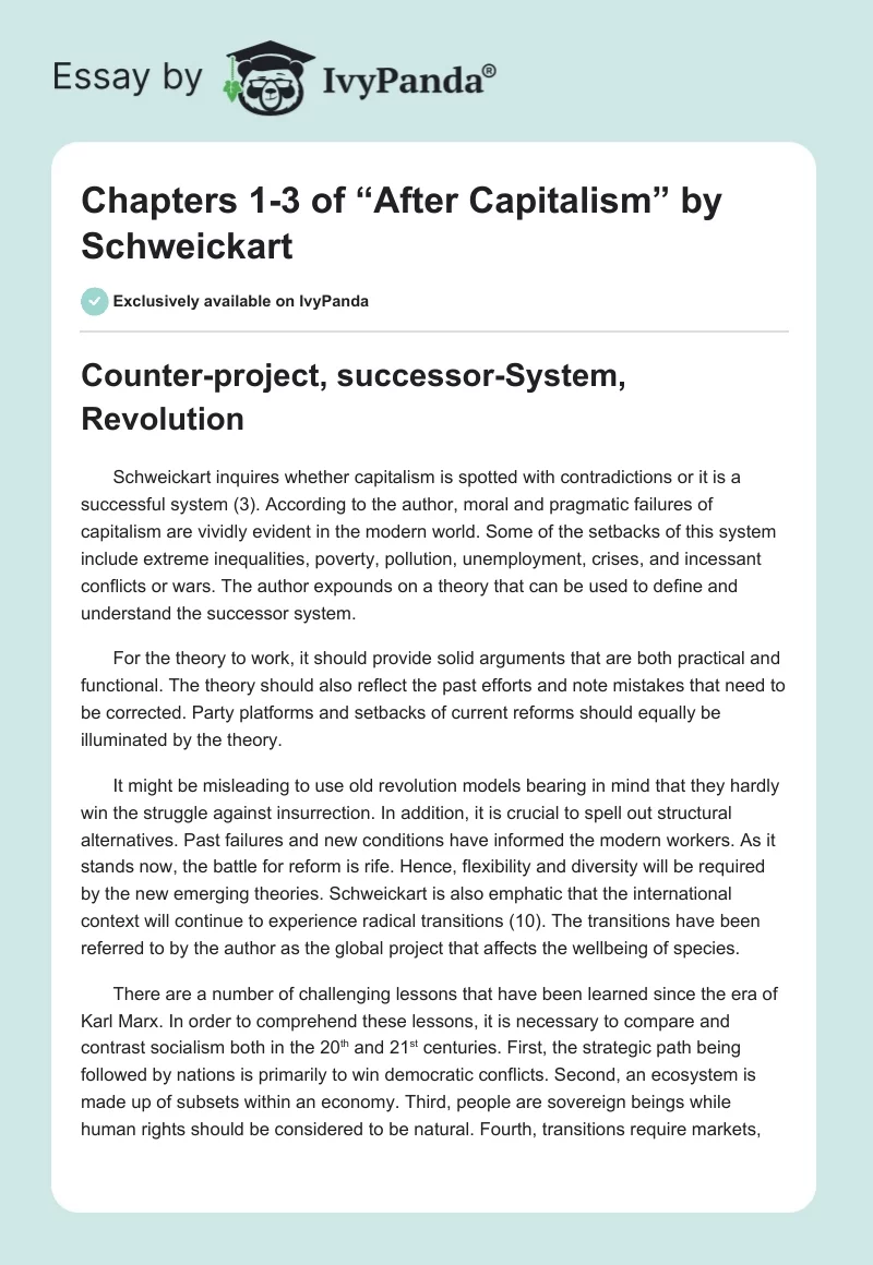 Chapters 1-3 of “After Capitalism” by Schweickart. Page 1