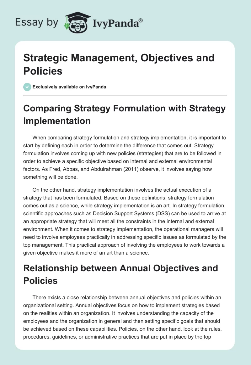 Strategic Management, Objectives and Policies. Page 1