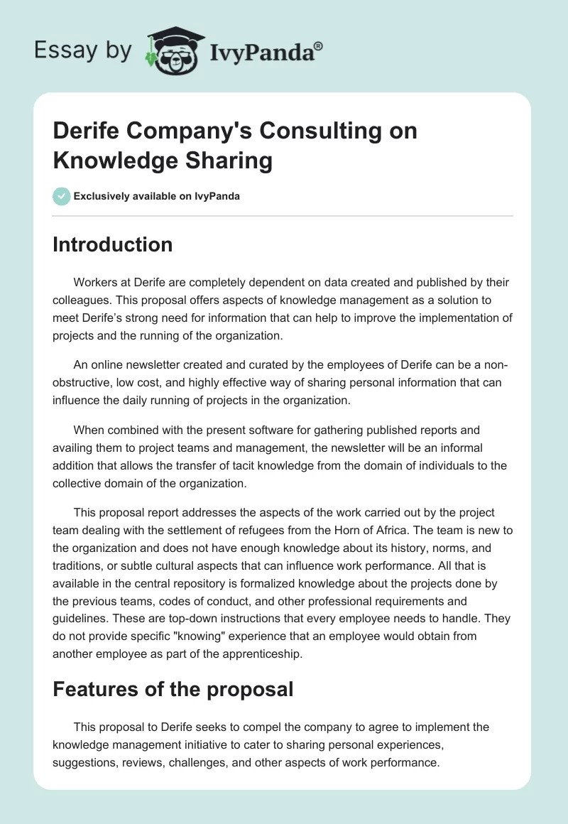 Derife Company's Consulting on Knowledge Sharing. Page 1