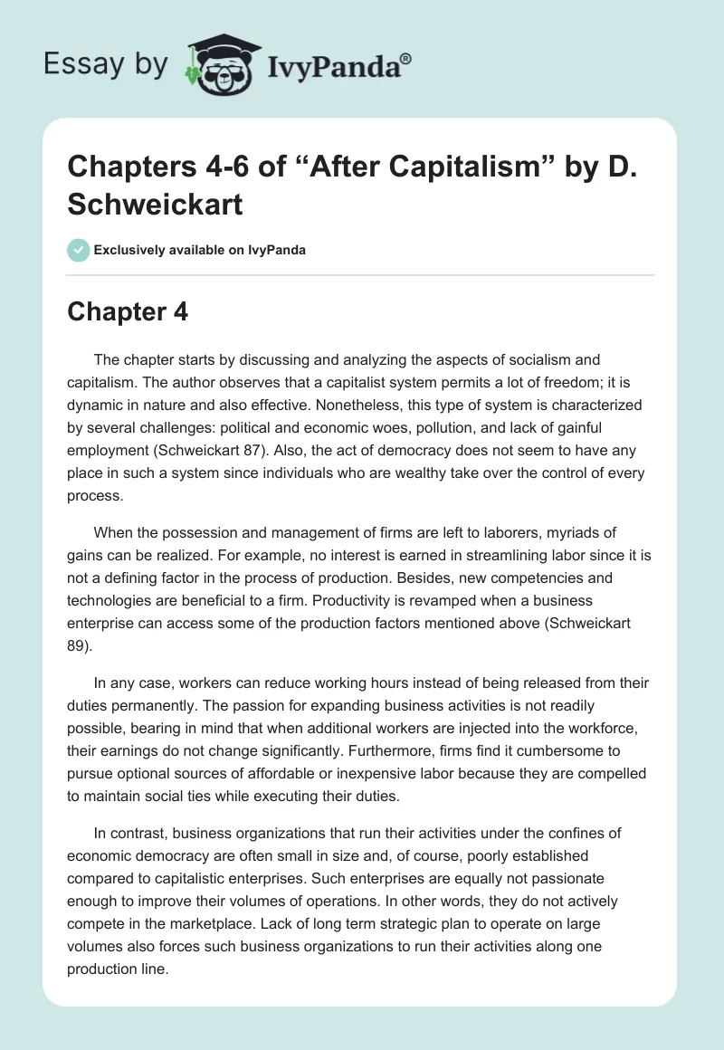 Chapters 4-6 of “After Capitalism” by D. Schweickart. Page 1