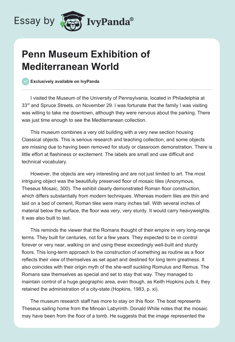 Penn Museum Exhibition of Mediterranean World. Page 1