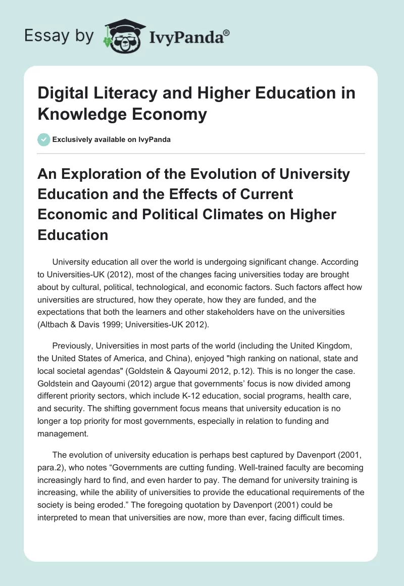 Digital Literacy and Higher Education in Knowledge Economy. Page 1