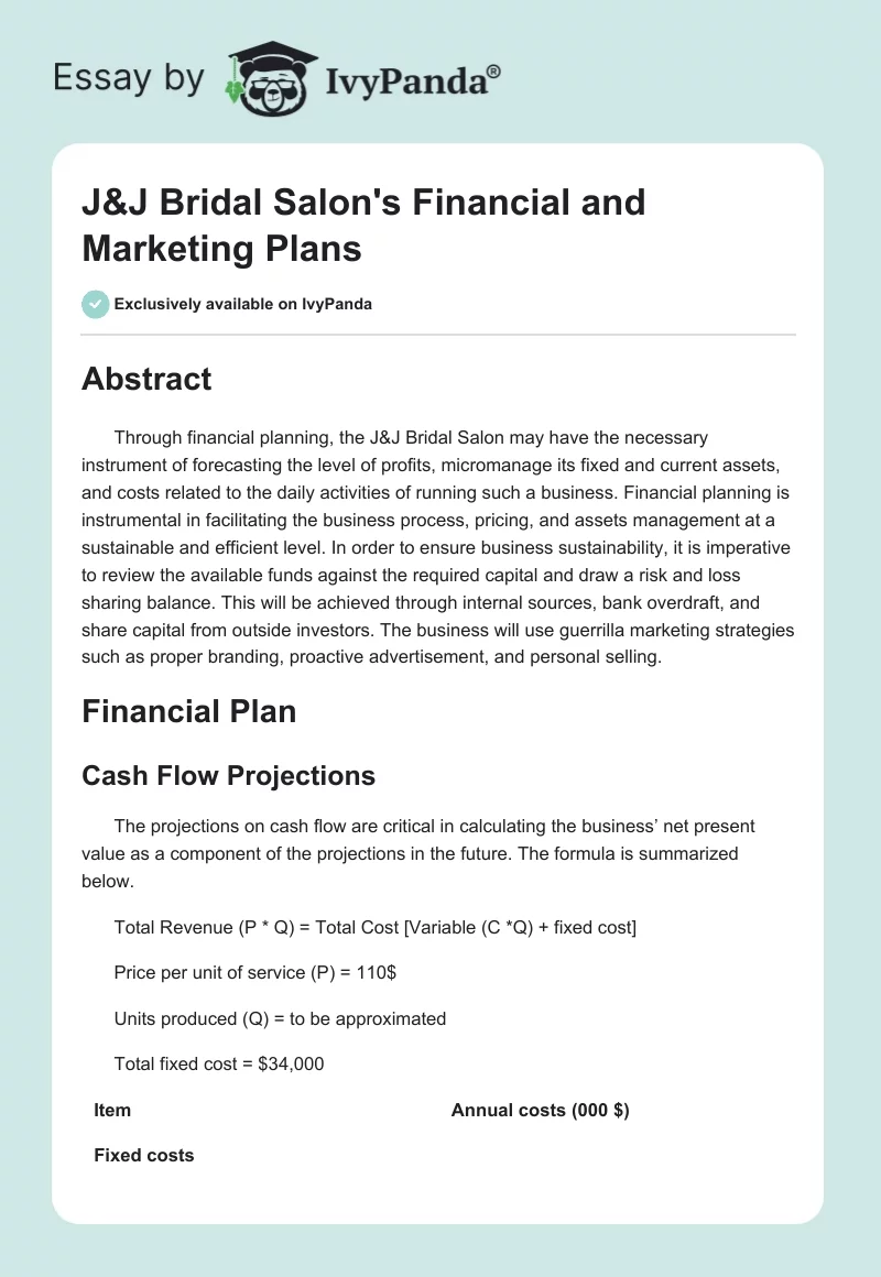 J&J Bridal Salon's Financial and Marketing Plans. Page 1