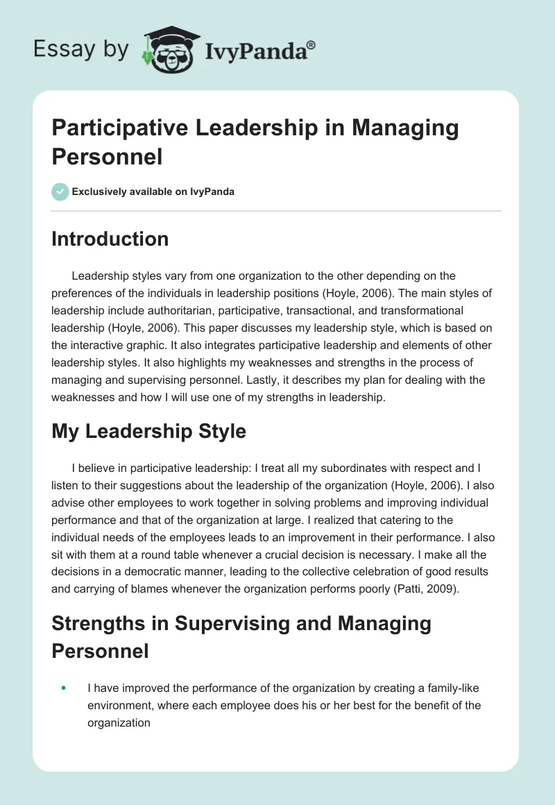 Participative Leadership in Managing Personnel. Page 1