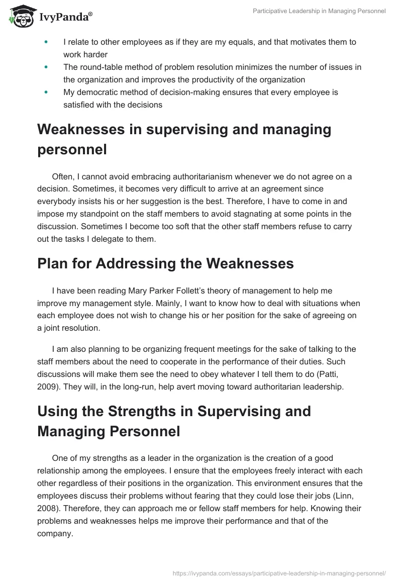 Participative Leadership in Managing Personnel. Page 2