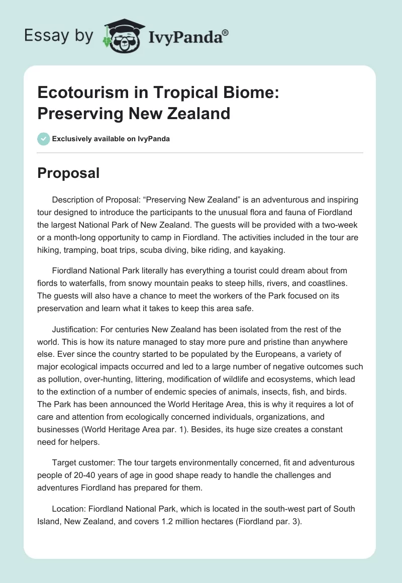 Ecotourism in Tropical Biome: Preserving New Zealand. Page 1