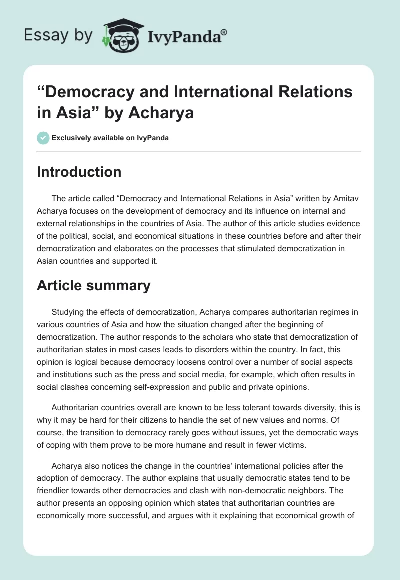 “Democracy and International Relations in Asia” by Acharya. Page 1