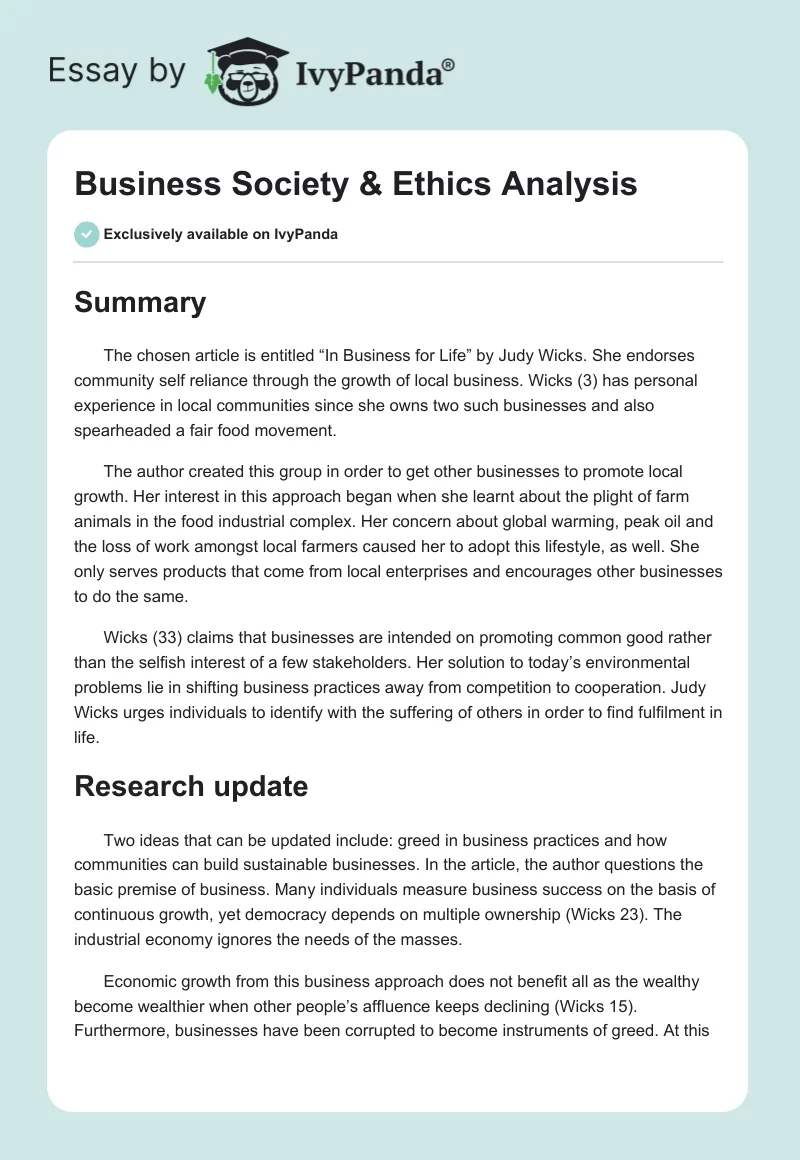 Business Society & Ethics Analysis. Page 1