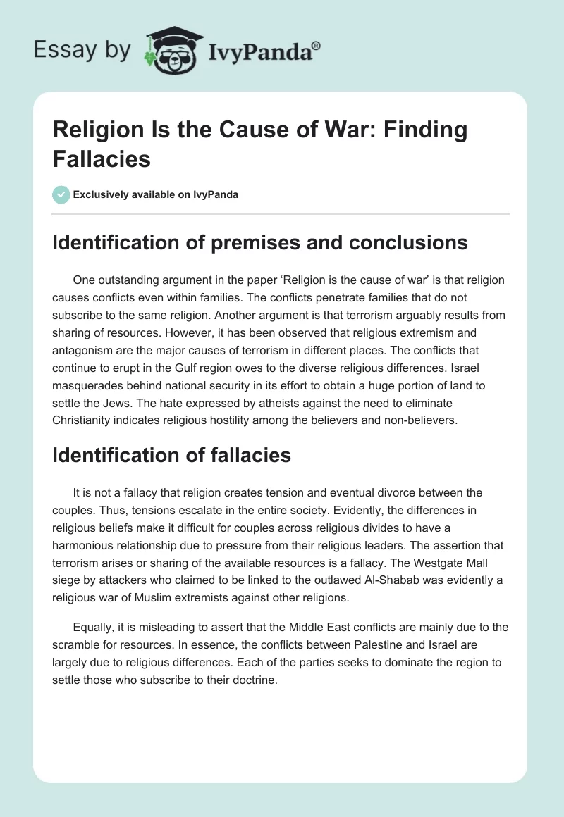 "Religion Is the Cause of War": Finding Fallacies. Page 1