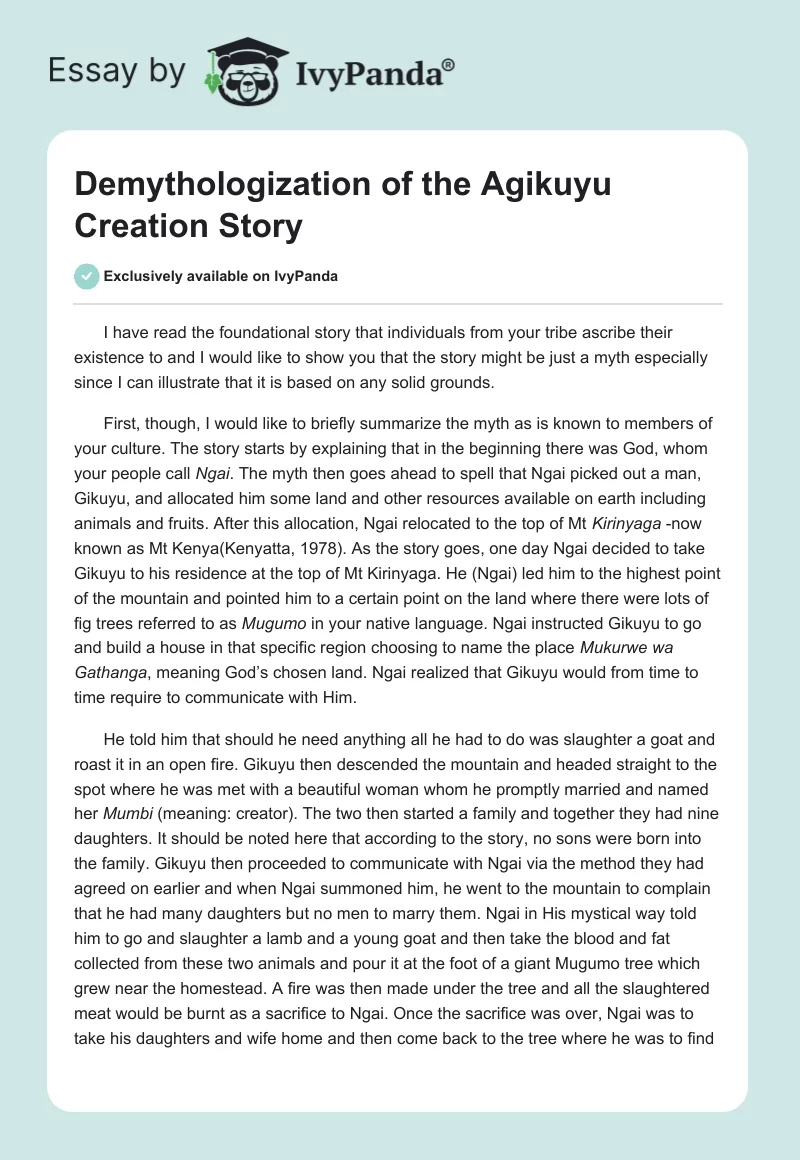 Demythologization of the Agikuyu Creation Story. Page 1