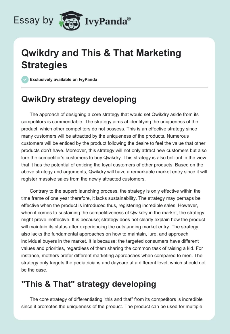 Qwikdry and "This & That" Marketing Strategies. Page 1