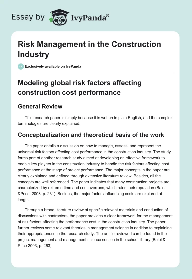 Risk Management in the Construction Industry. Page 1
