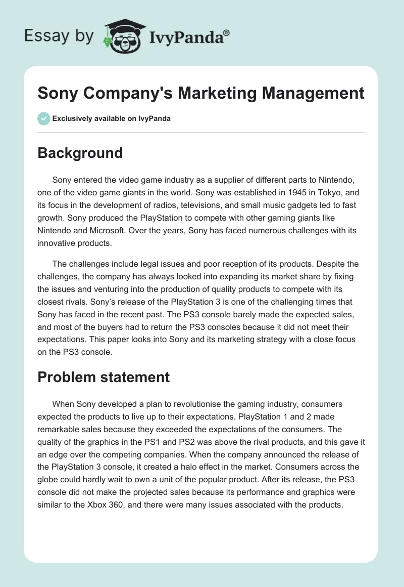 Sony Company's Marketing Management. Page 1