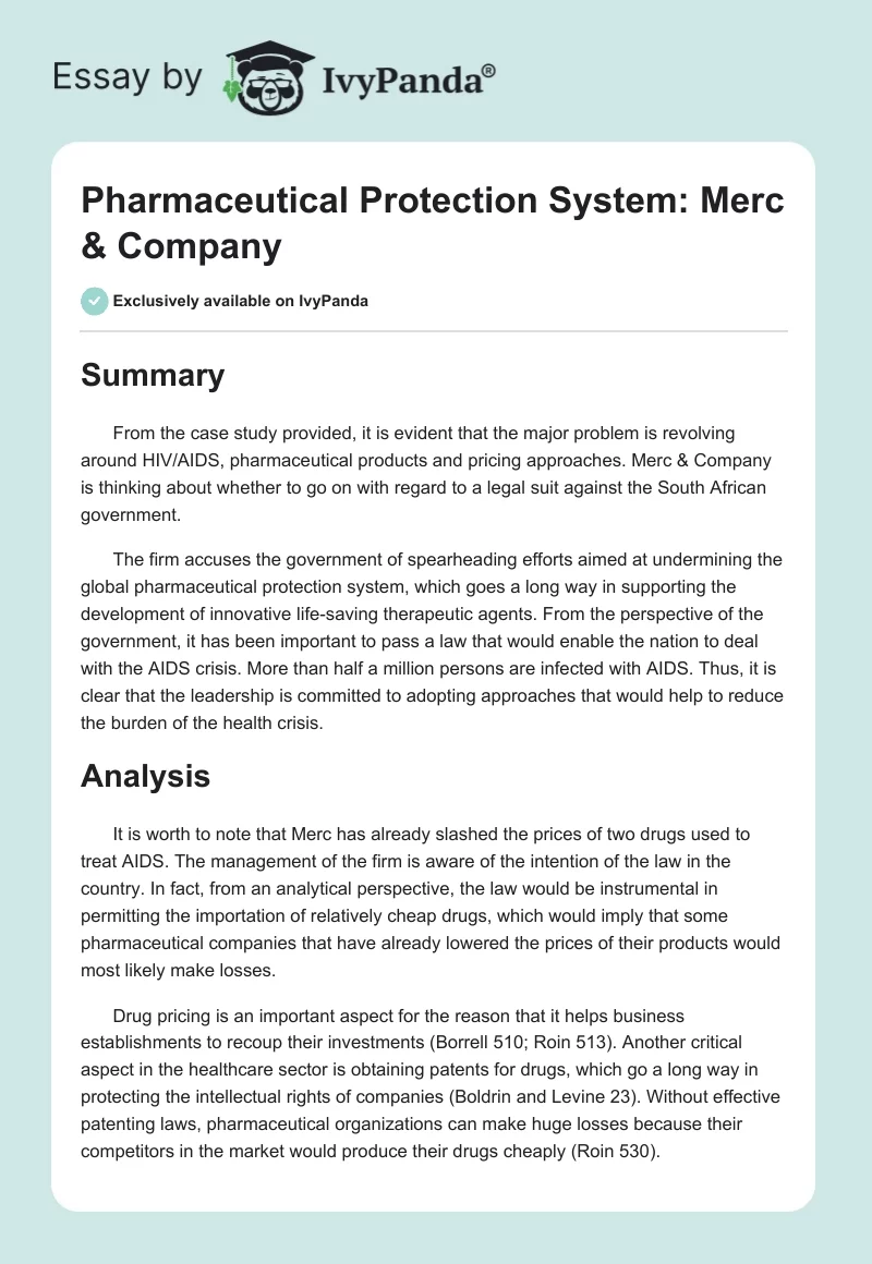 Pharmaceutical Protection System: Merc & Company. Page 1