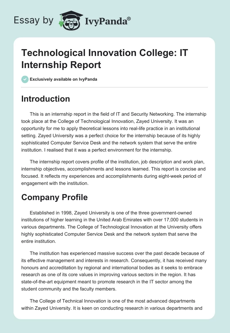 Technological Innovation College: IT Internship Report. Page 1