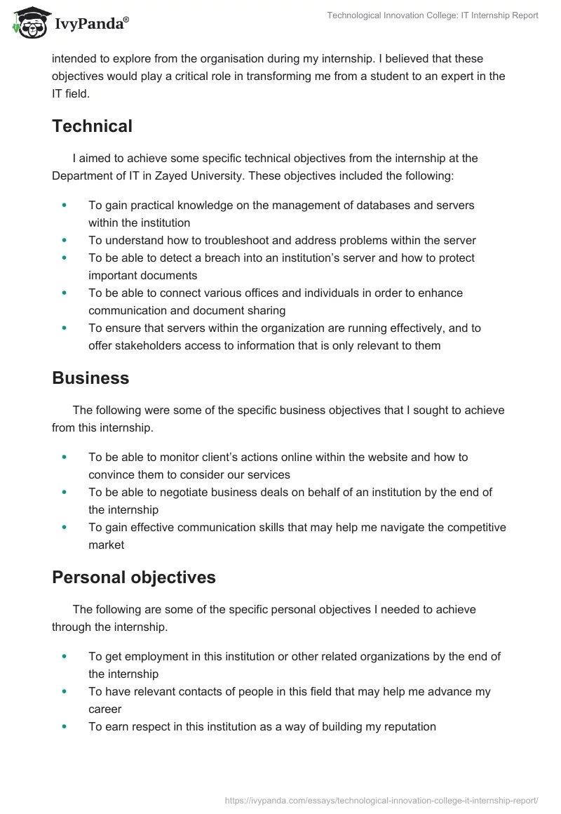 Technological Innovation College: IT Internship Report. Page 3