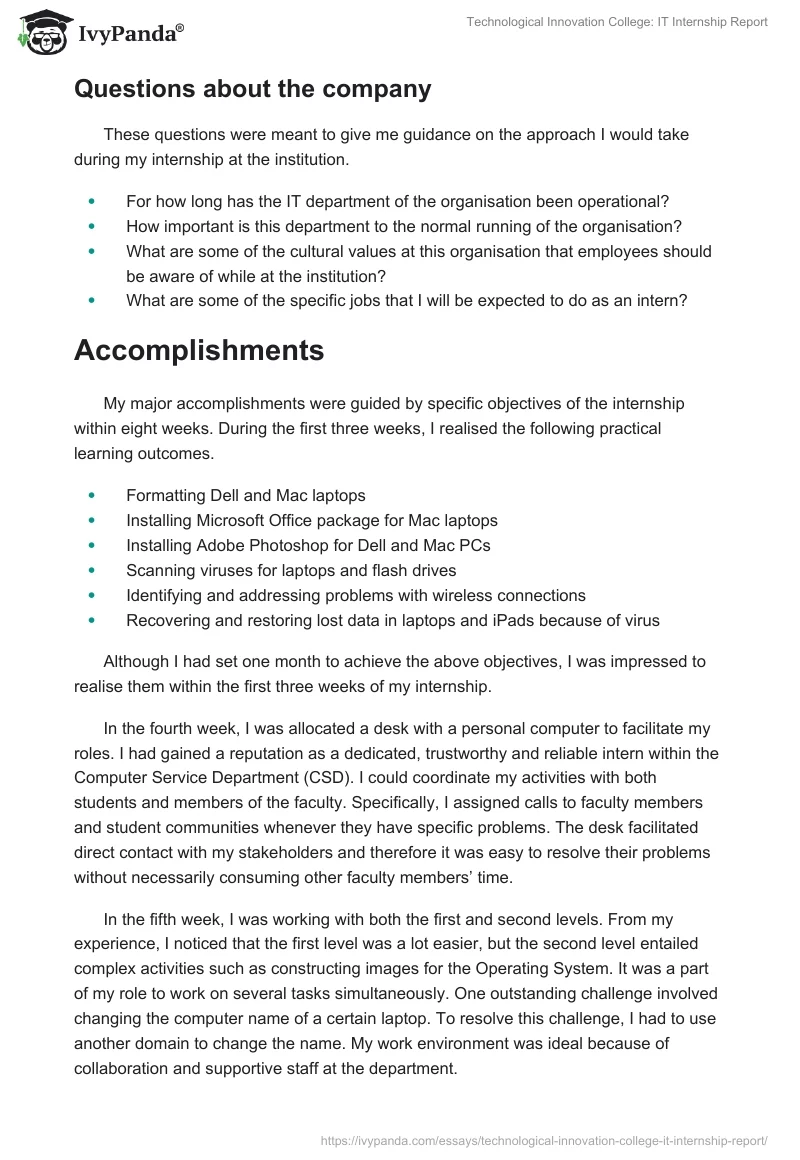 Technological Innovation College: IT Internship Report. Page 4