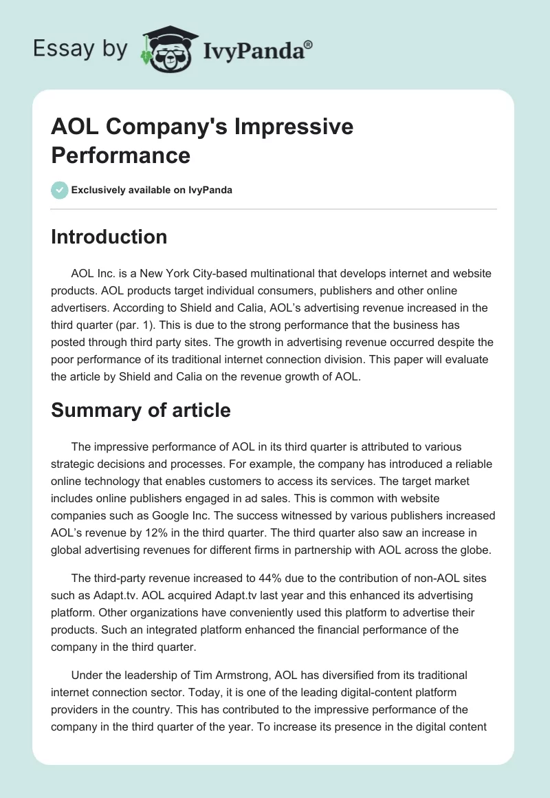 AOL Company's Impressive Performance. Page 1