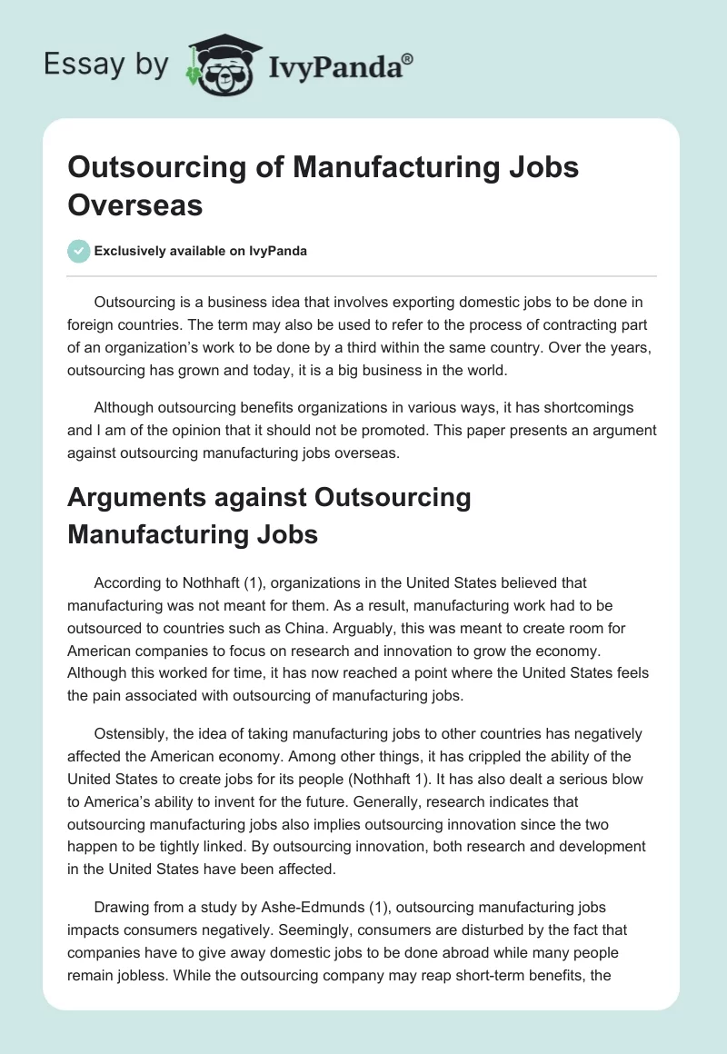 Outsourcing of Manufacturing Jobs Overseas. Page 1