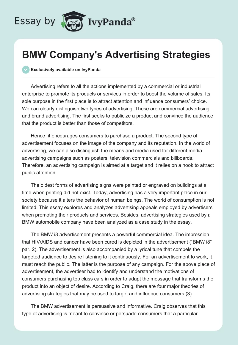 BMW Company's Advertising Strategies. Page 1