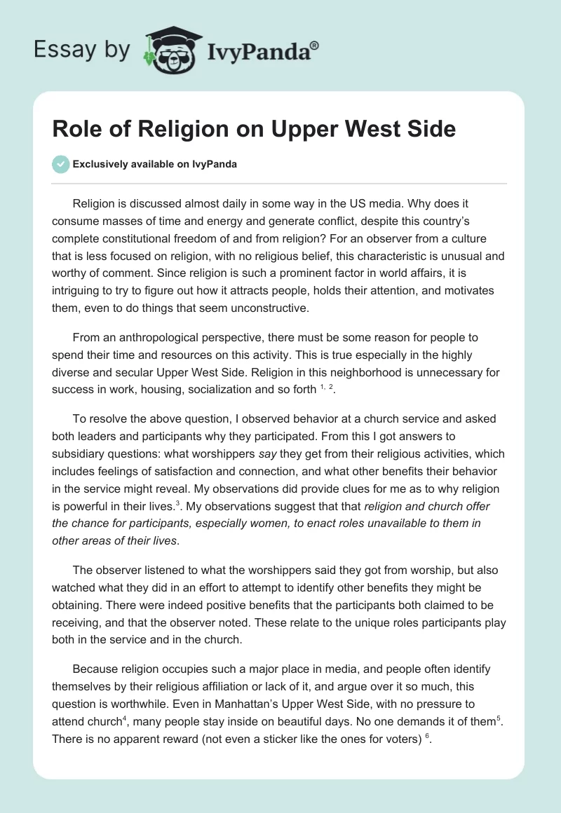 Role of Religion on Upper West Side. Page 1