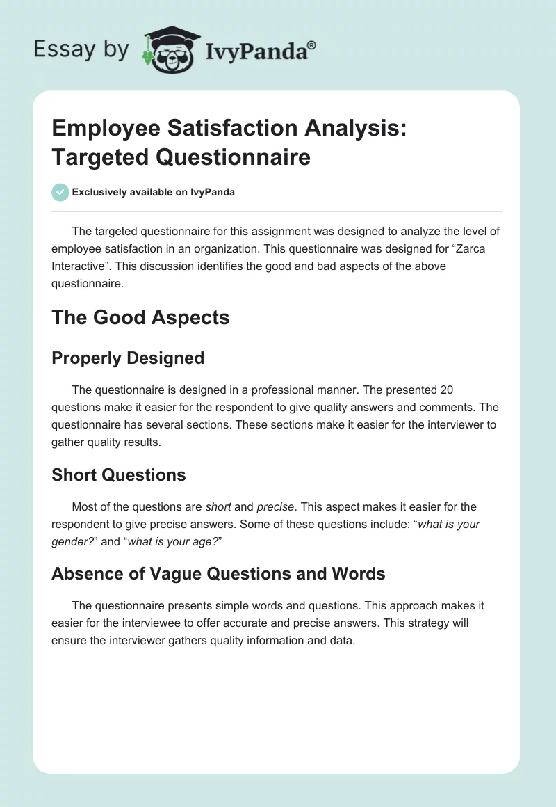 Employee Satisfaction Analysis: Targeted Questionnaire. Page 1