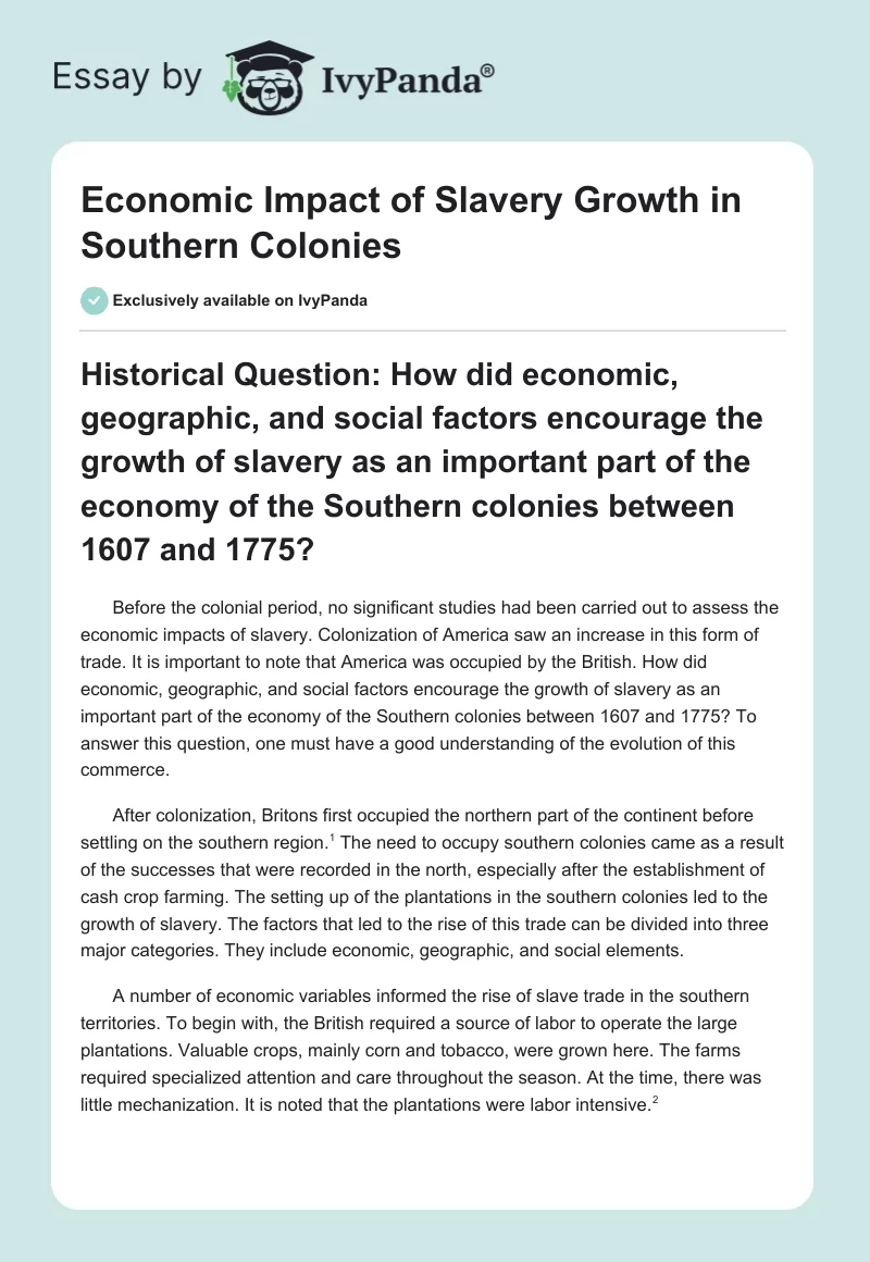 Economic Impact of Slavery Growth in Southern Colonies. Page 1