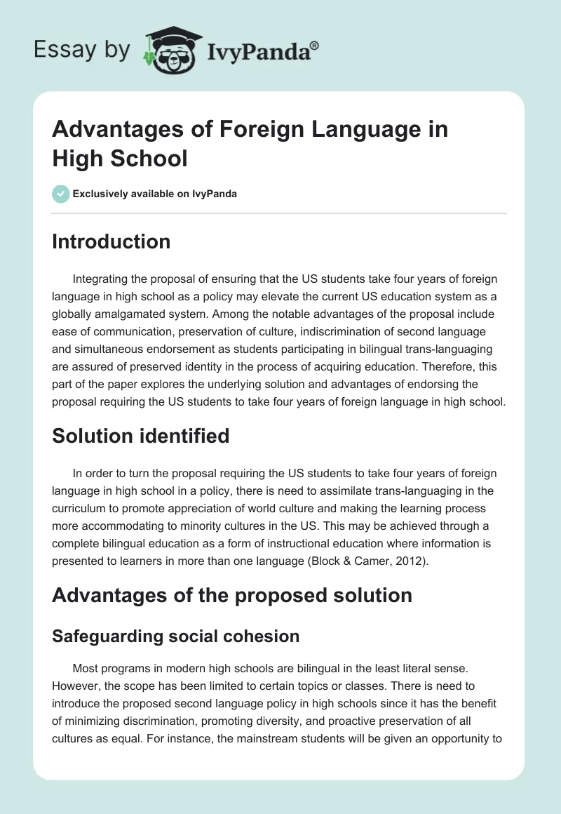 Advantages of Foreign Language in High School. Page 1