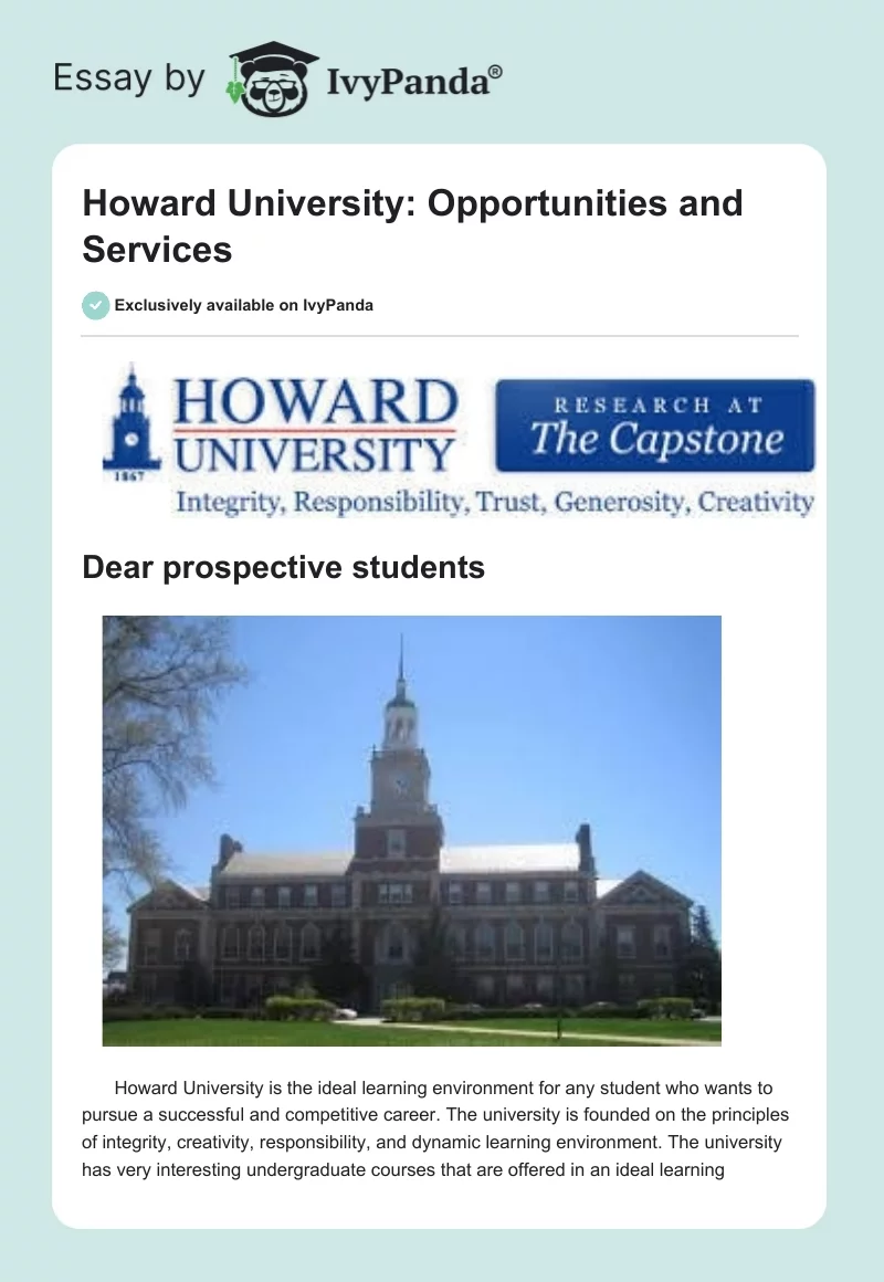 Howard University: Opportunities and Services. Page 1
