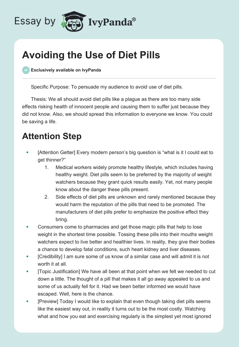 Avoiding the Use of Diet Pills. Page 1