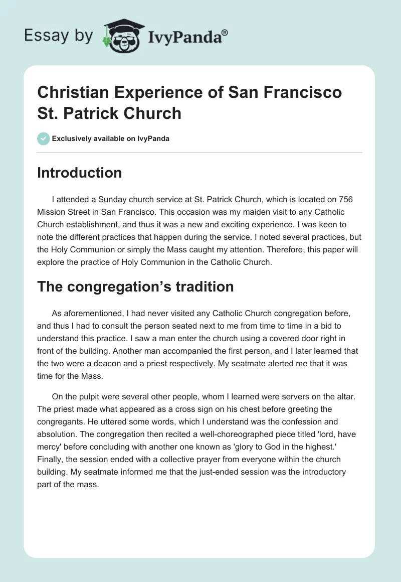 Christian Experience of San Francisco St. Patrick Church. Page 1