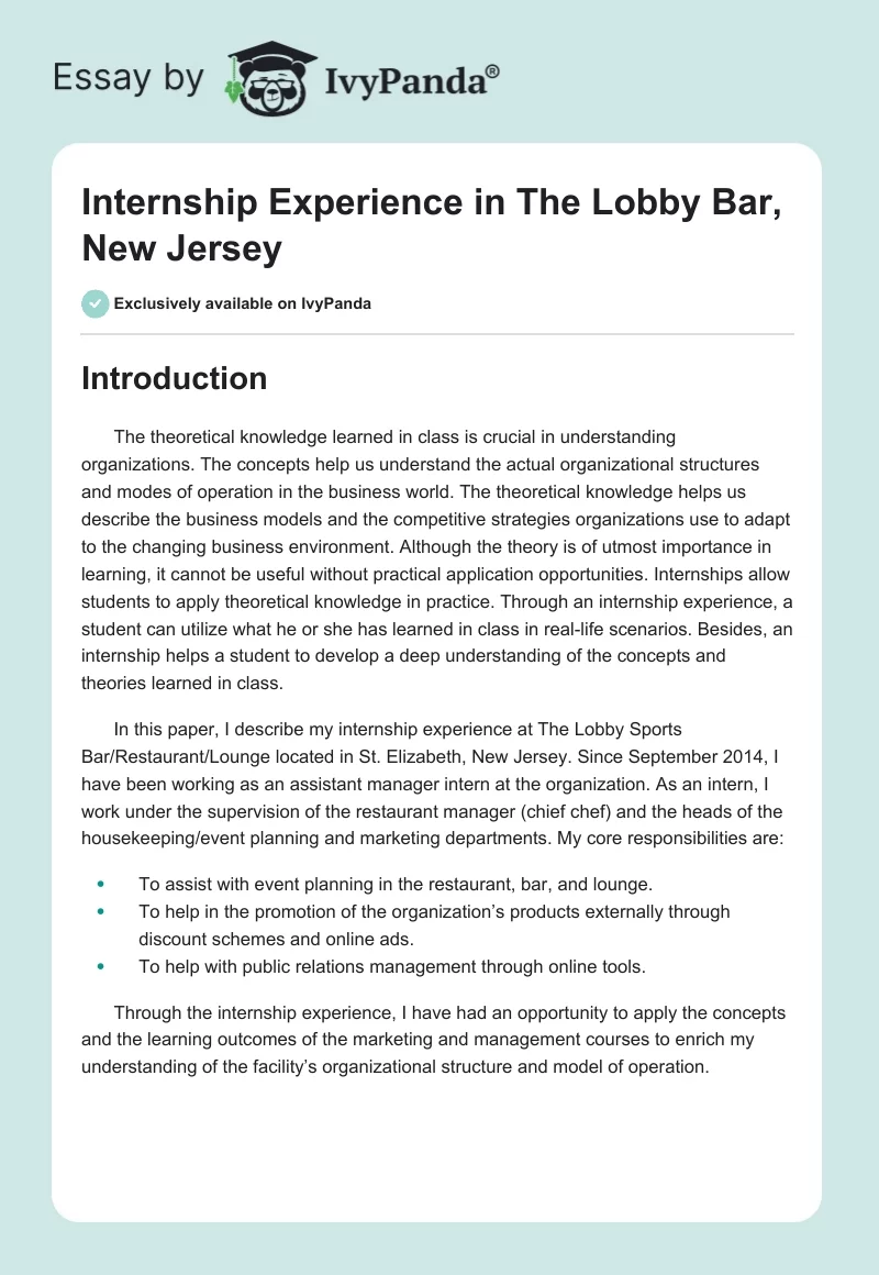 Internship Experience in The Lobby Bar, New Jersey. Page 1