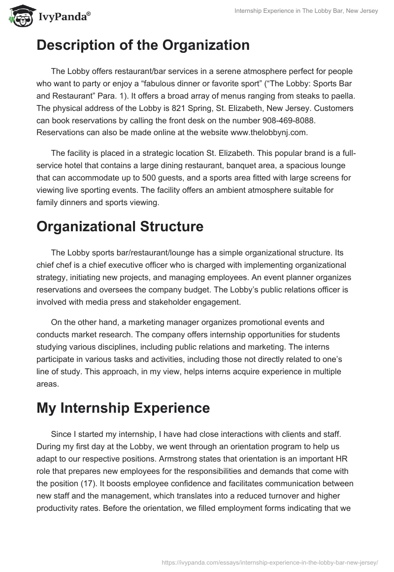 Internship Experience in The Lobby Bar, New Jersey. Page 2