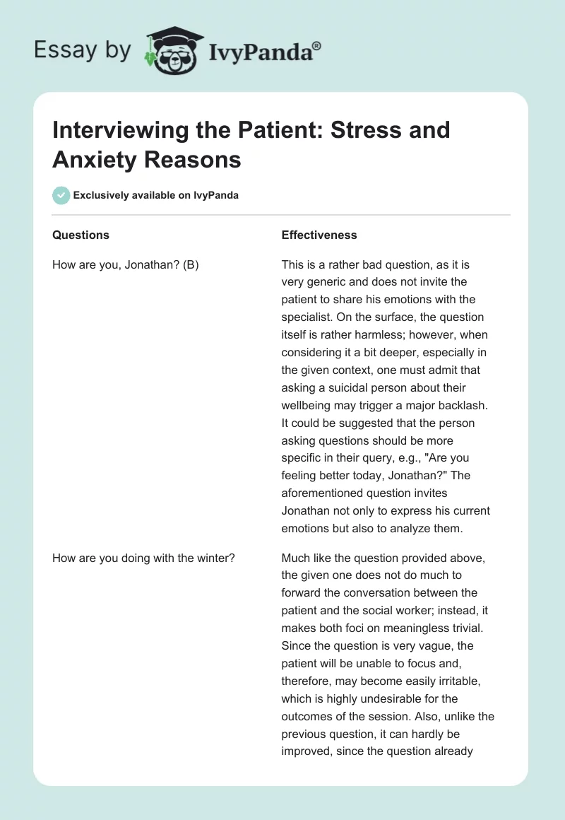 Interviewing the Patient: Stress and Anxiety Reasons. Page 1