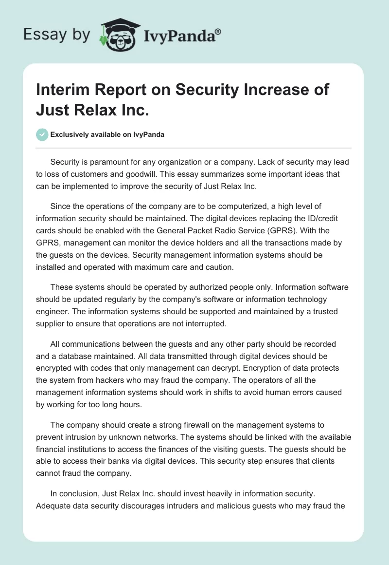 Interim Report on Security Increase of Just Relax Inc.. Page 1
