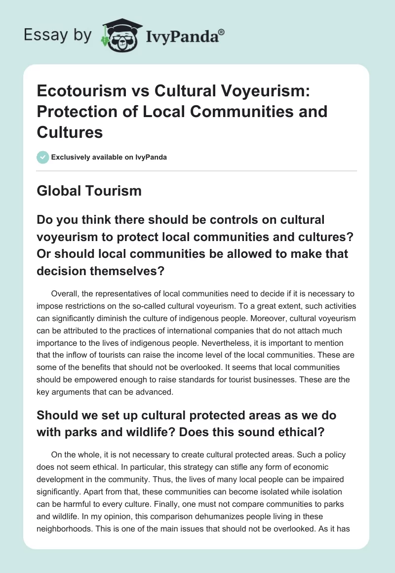 Ecotourism vs Cultural Voyeurism: Protection of Local Communities and Cultures. Page 1