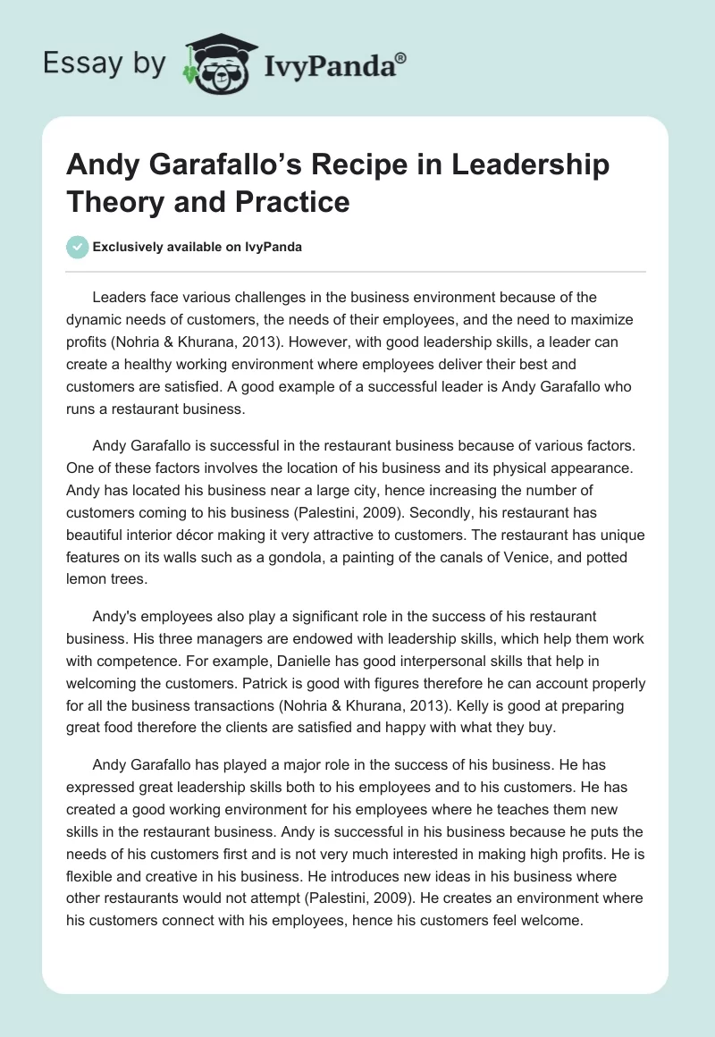 Andy Garafallo’s Recipe in Leadership Theory and Practice. Page 1