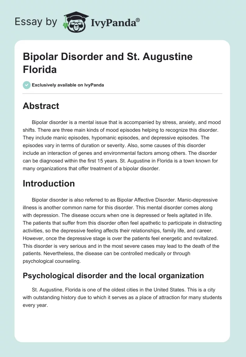 Bipolar Disorder and St. Augustine Florida. Page 1