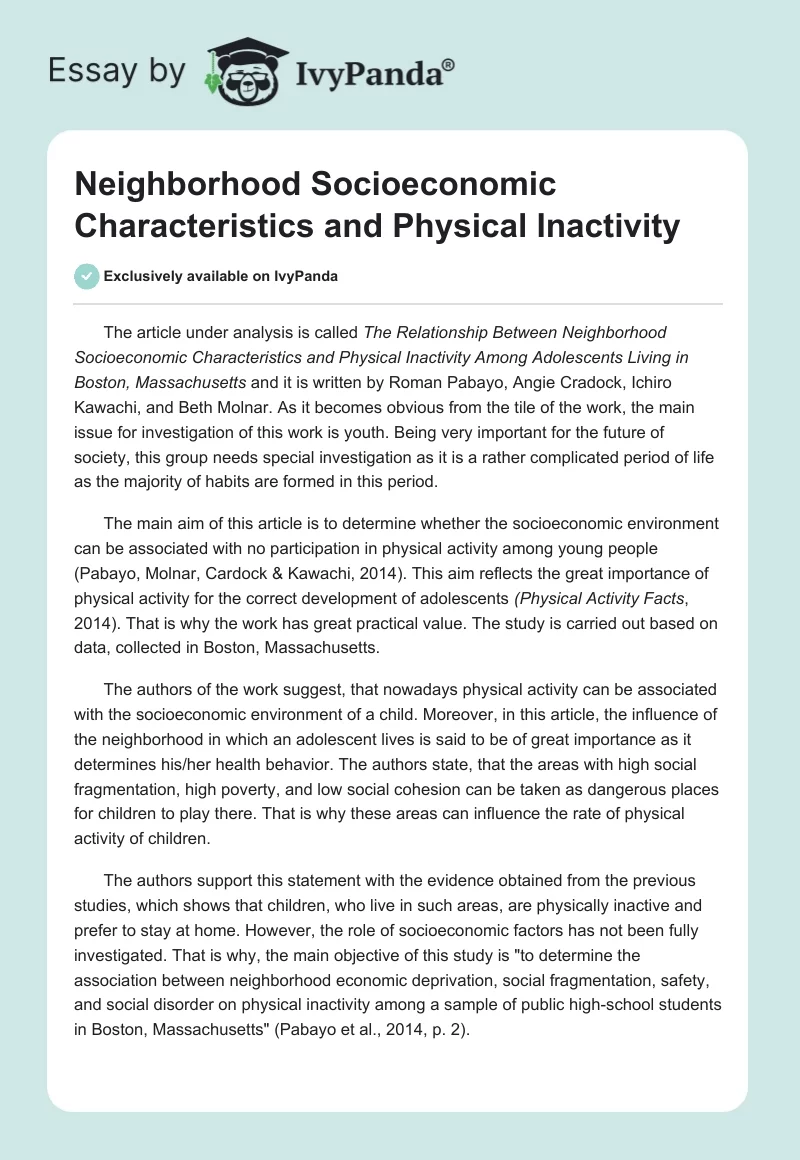 Neighborhood Socioeconomic Characteristics and Physical Inactivity. Page 1