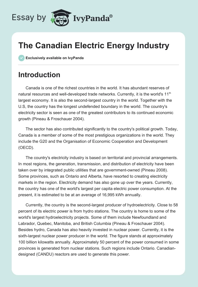 The Canadian Electric Energy Industry. Page 1