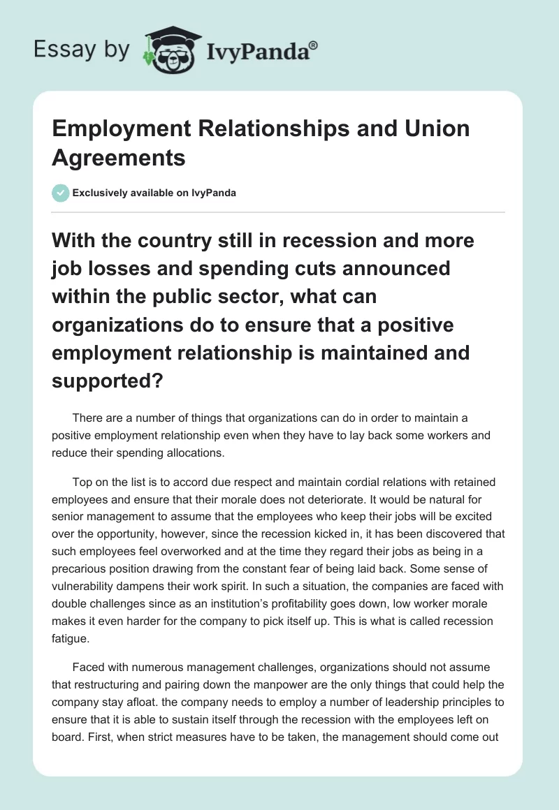 Employment Relationships and Union Agreements. Page 1