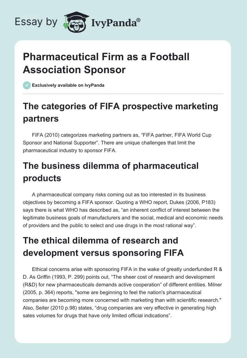 Pharmaceutical Firm as a Football Association Sponsor. Page 1