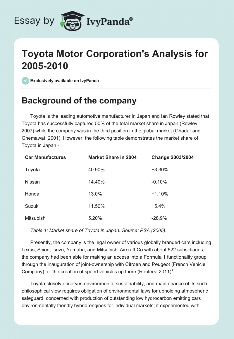 Toyota Motor Corporation's Analysis for 2005-2010. Page 1
